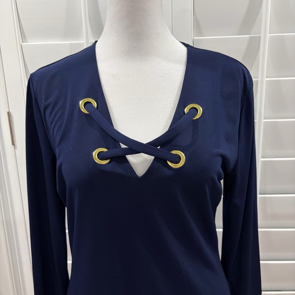 Michael Kors Lace Up Bell Sleeve Stretch Cocktail Dress in True Navy - Picture 5 of 8